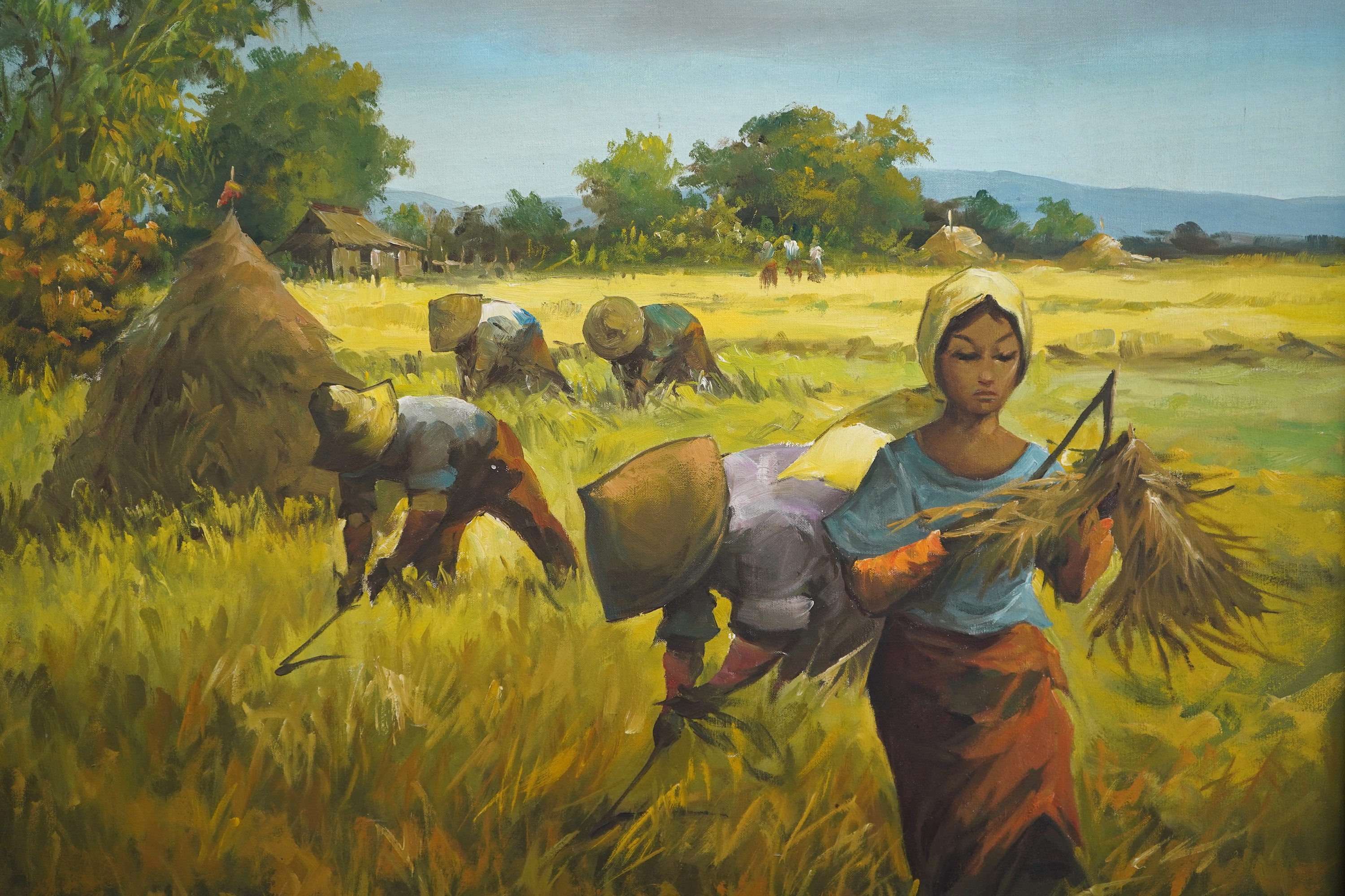Far Eastern School, 20th century, Harvest scene with figures, signed and dated 1987, oil on canvas, 90 x 90cm